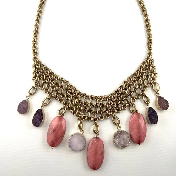 Amazing Chico's bib style necklace, gold tone, Drusy Quartz, Agate dangles - Picture 1 of 9